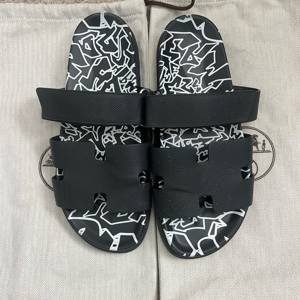Hermes Black and White Graphic Chypre Sandals